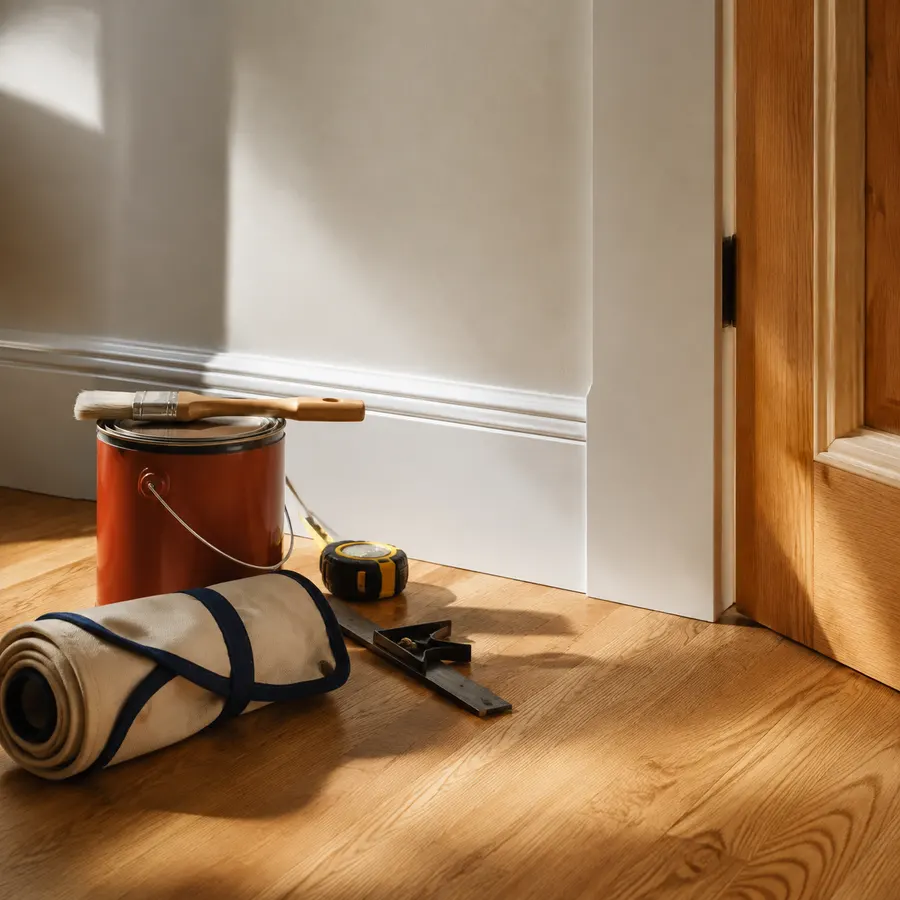 Concept image of oak flooring, carefully finished trim and neatly arranged painting tools